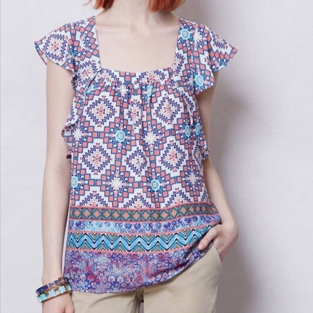 Anthropologie Meadow Rue Top Women's Small  US 4 Pink Multi Color Flutter Top